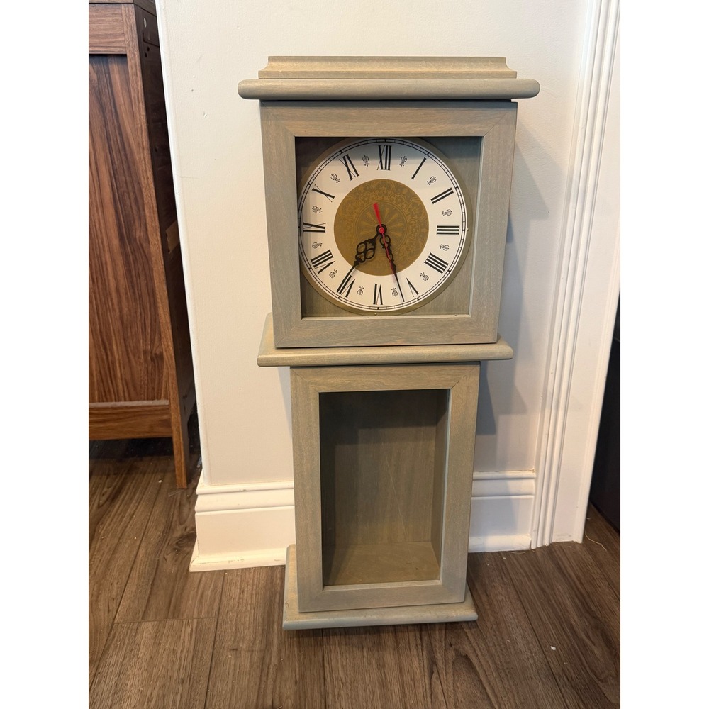 Distressed Gray Wooden Grandfather Clock with Storage Base 28x11.5x6